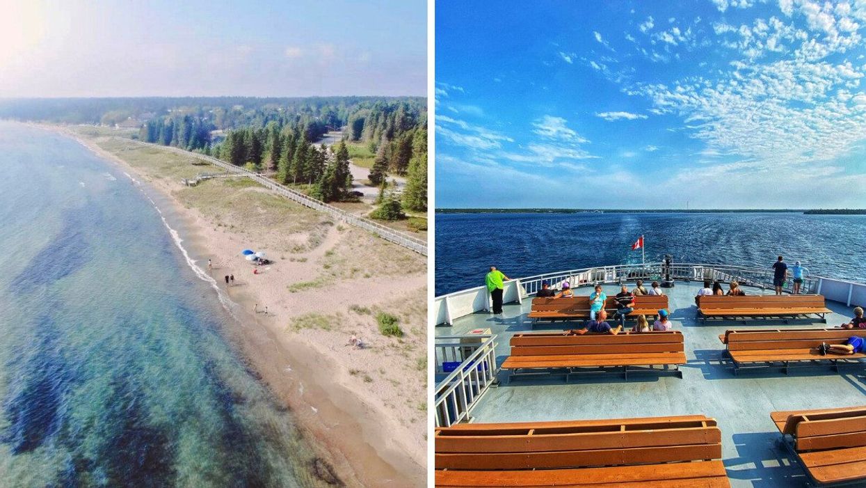An aerial view of a beach. Right: A ferry deck with benches.