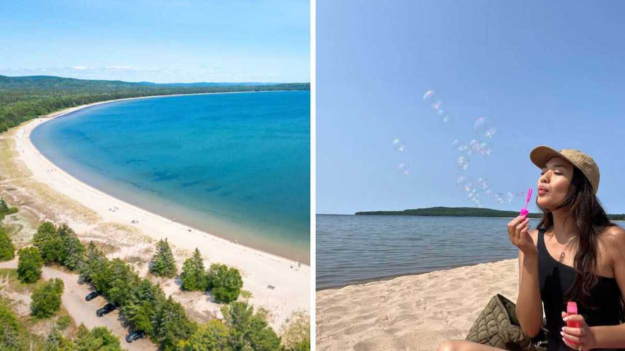 An aerial view of a beach. Right: A person blowing bubbles on a beach.