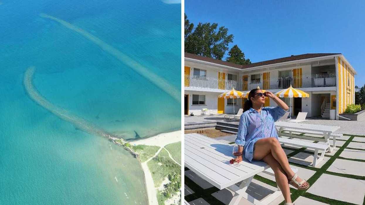 An aerial view of a beach. Right: A person sitting on a white picnic table.