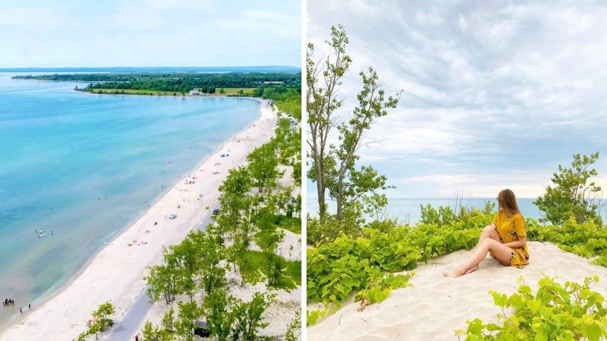 An aerial view of a beach. Right: A person sitting on a white sand beach.