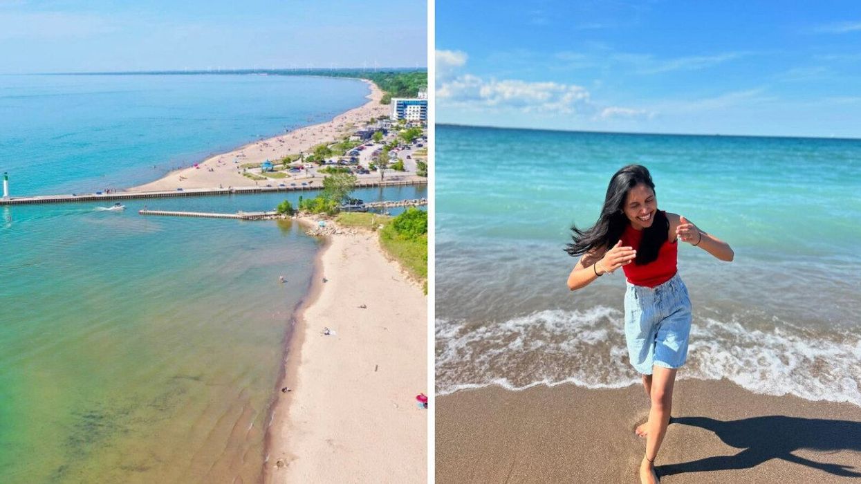 An aerial view of a beach. Right: A person standing on a beach.
