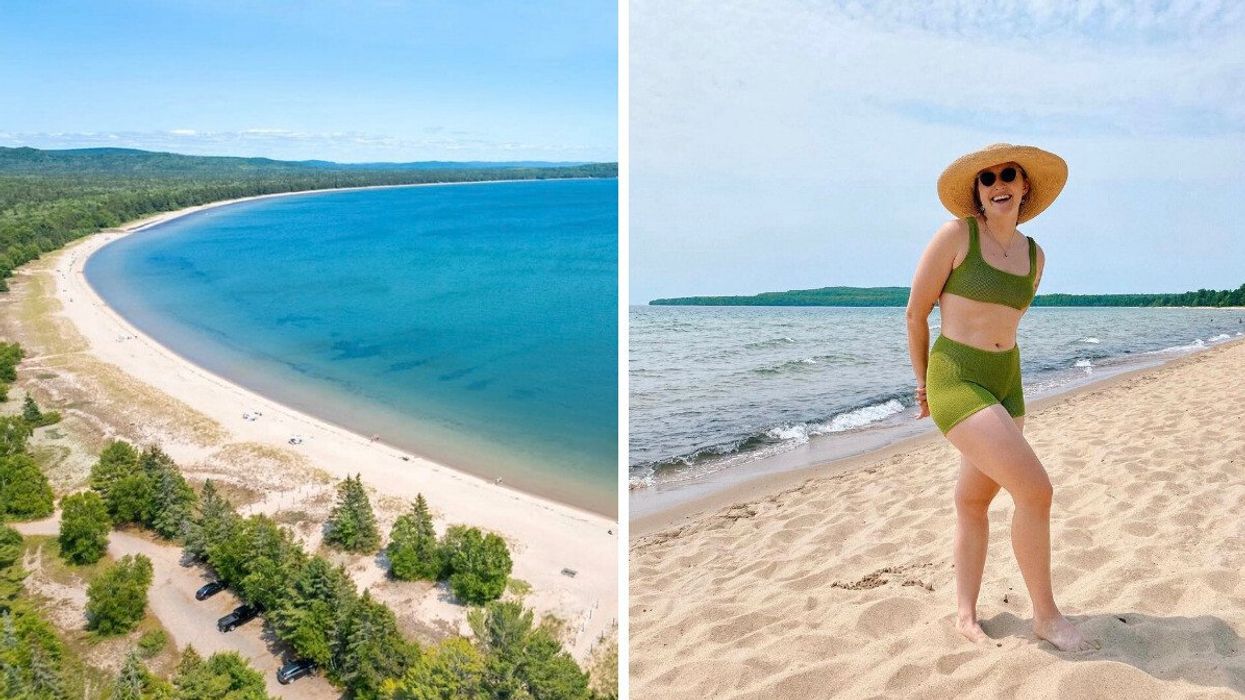 An aerial view of a beach. Right: A person standing on a beach.