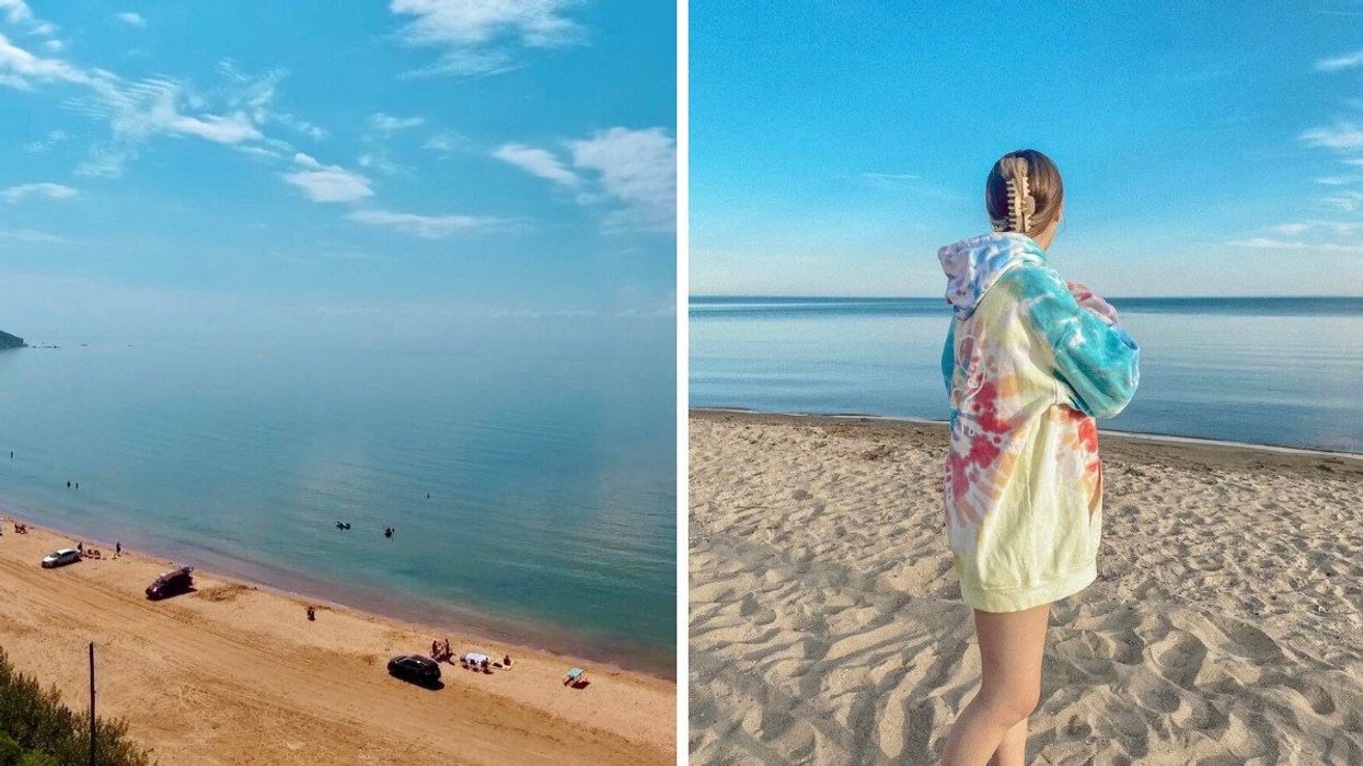 An aerial view of a beach. Right: A person standing on a beach.