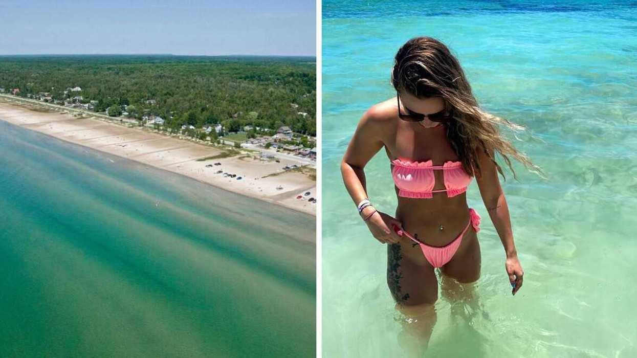 An aerial view of a beach. Right: A person swimming.