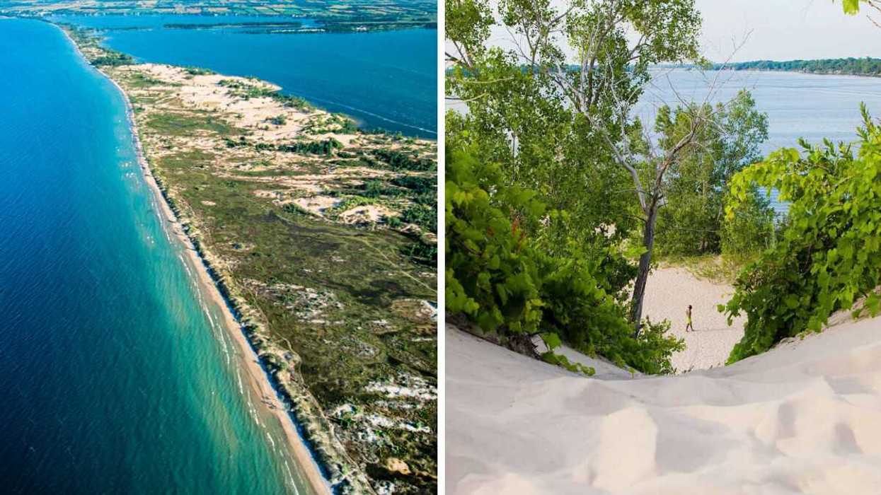 An aerial view of a beach. Right: A person walking on a beach.