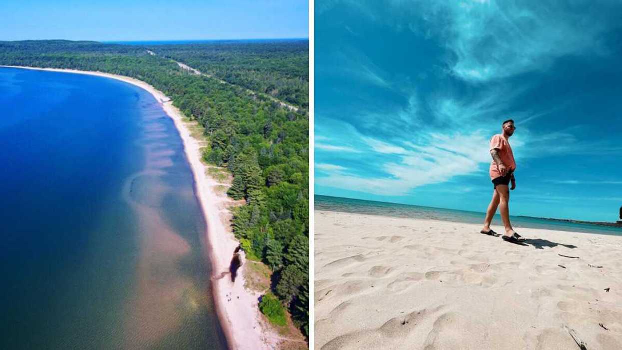 An aerial view of a beach. Right: A person walking on a beach.