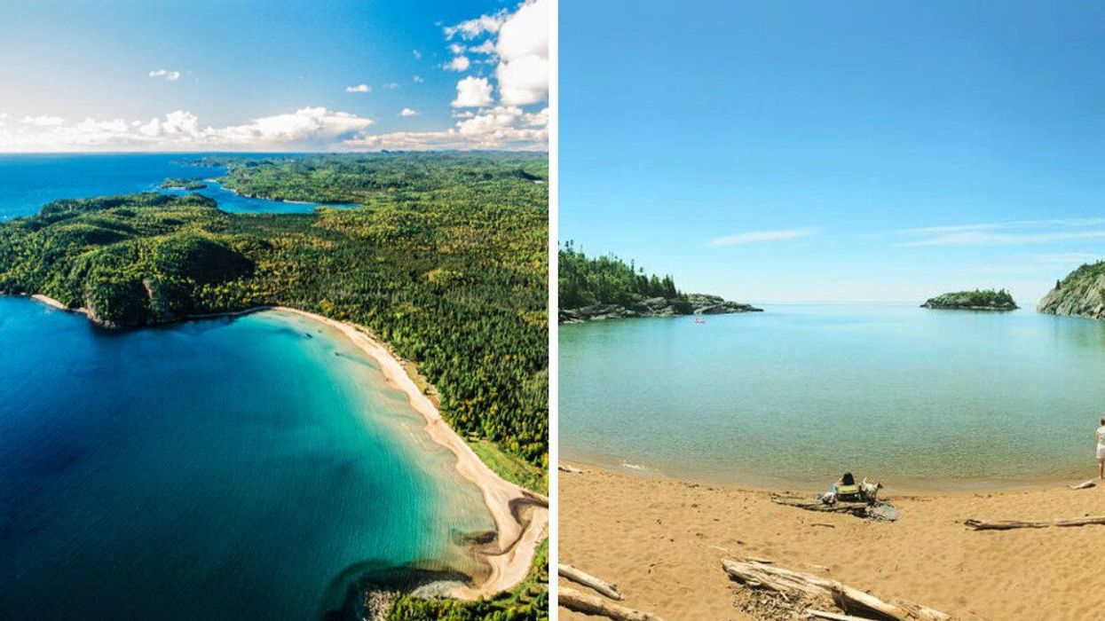 An aerial view of a beach. Right: A sandy beach.