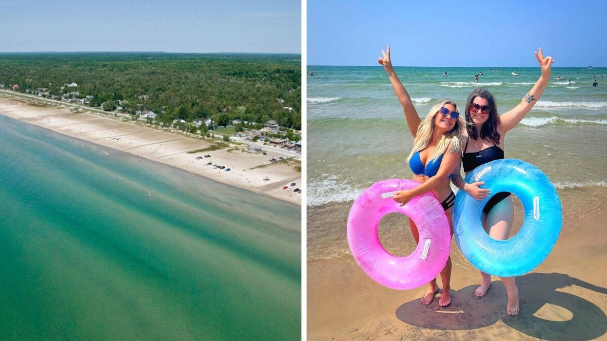 An aerial view of a beach. Right: Two people on a beach holding tubes.