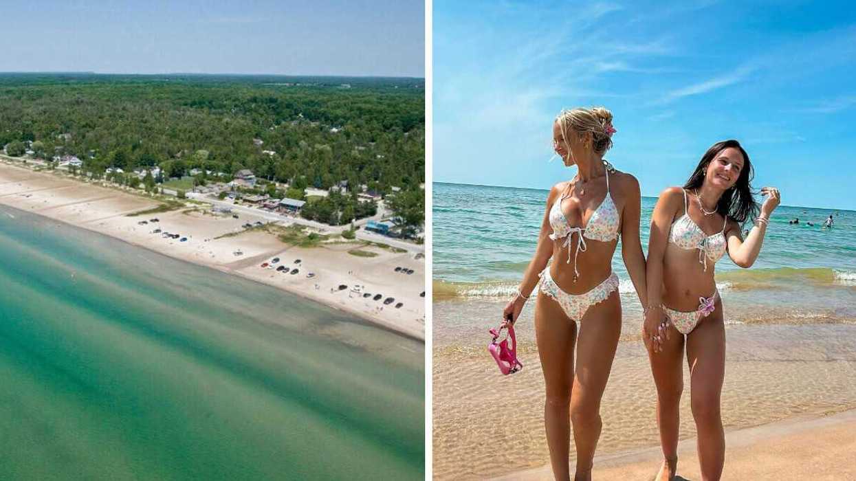 An aerial view of a beach. Right: Two people on a beach.