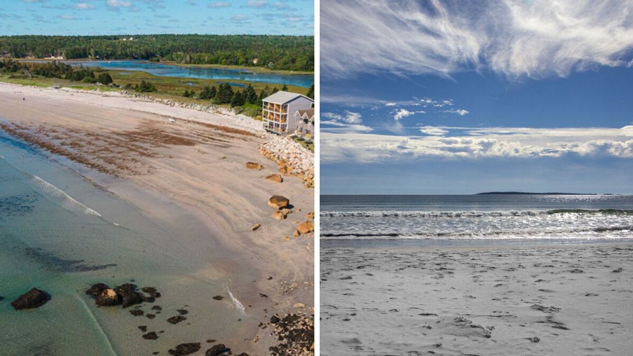 An aerial view of a beach. Right: