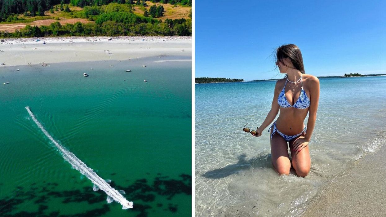 An aerial view of a beach with teal water. Right: A person sits on the sand on a beach.