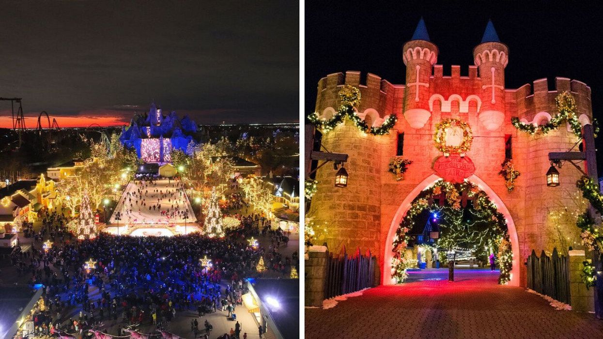 An aerial view of a Christmas festival. Right: A castle decorated for Christmas.