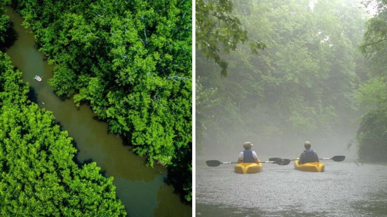 An aerial view of a creek. Right: People kayaking along a misty waterway.
