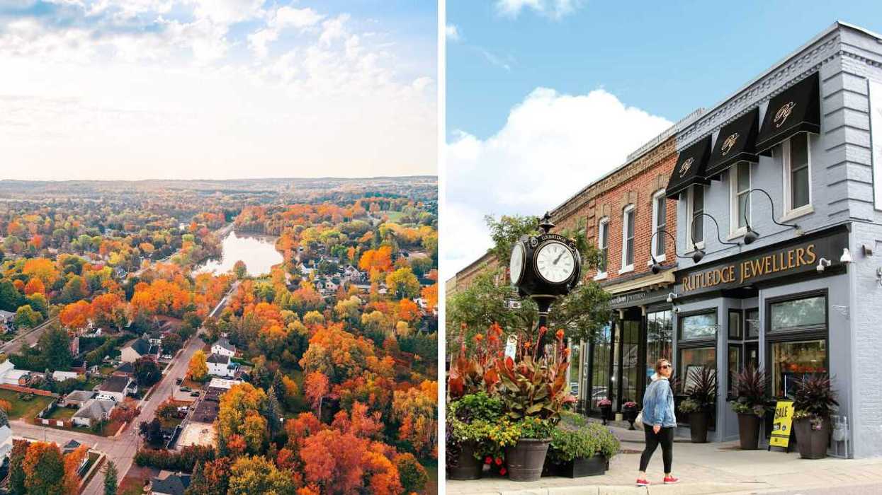 An aerial view of a fall town. Right: A person standing on a street.