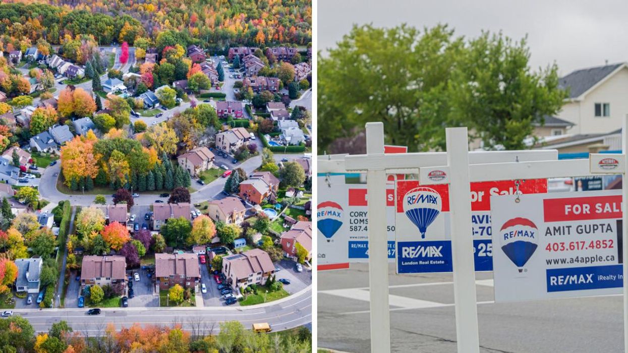 An aerial view of a Montreal neighbourhood. Right: A line of House For Sale Signs.