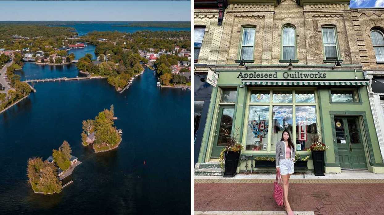 An aerial view of a region with islands and waterways. Right: A person standing outside a store.