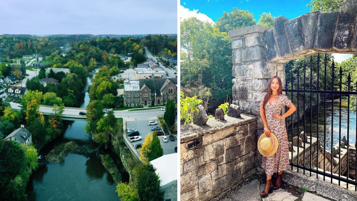 An aerial view of a riverside village. Right: A person standing by a stone wall.
