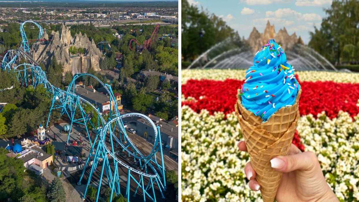 An aerial view of a rollercoaster. Right: A hand holding blue ice cream.