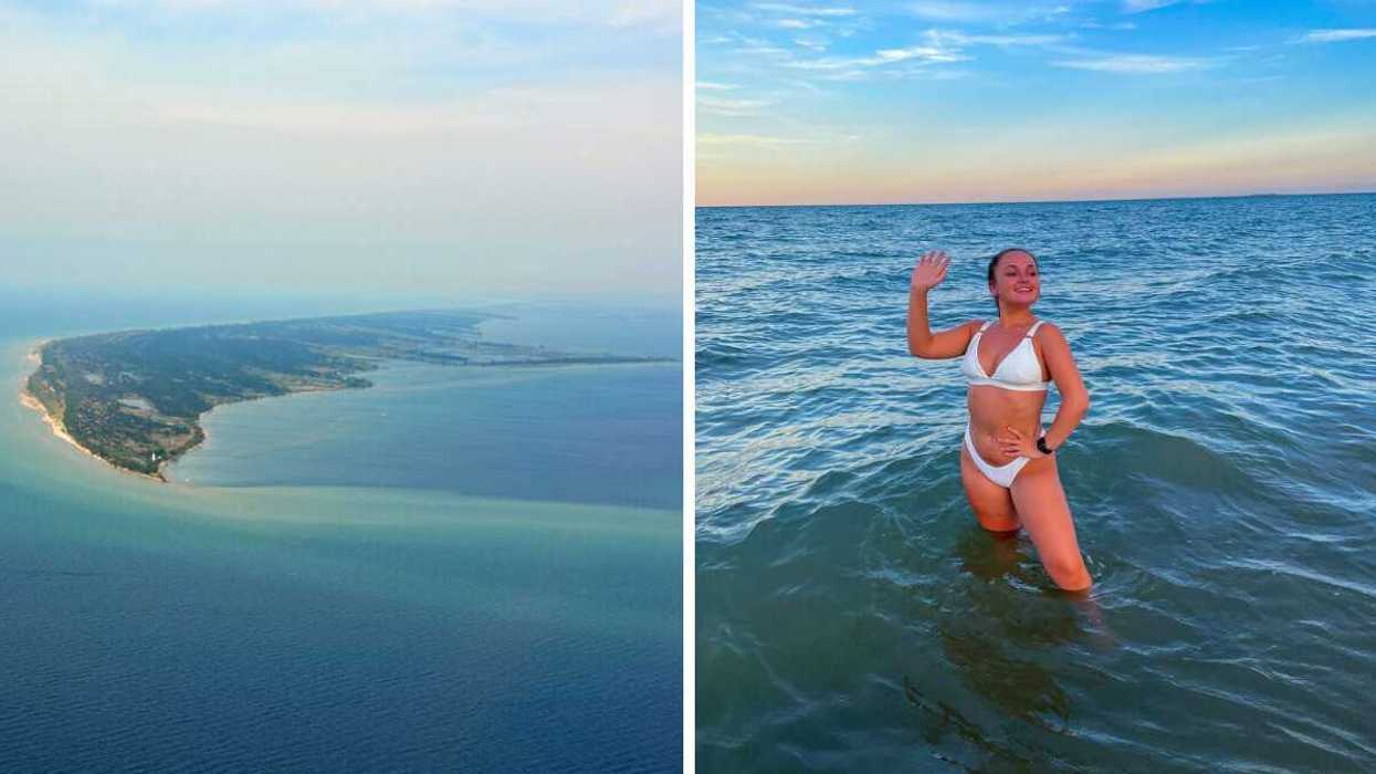 An aerial view of a sandspit and blue water. Right: A person swimming.