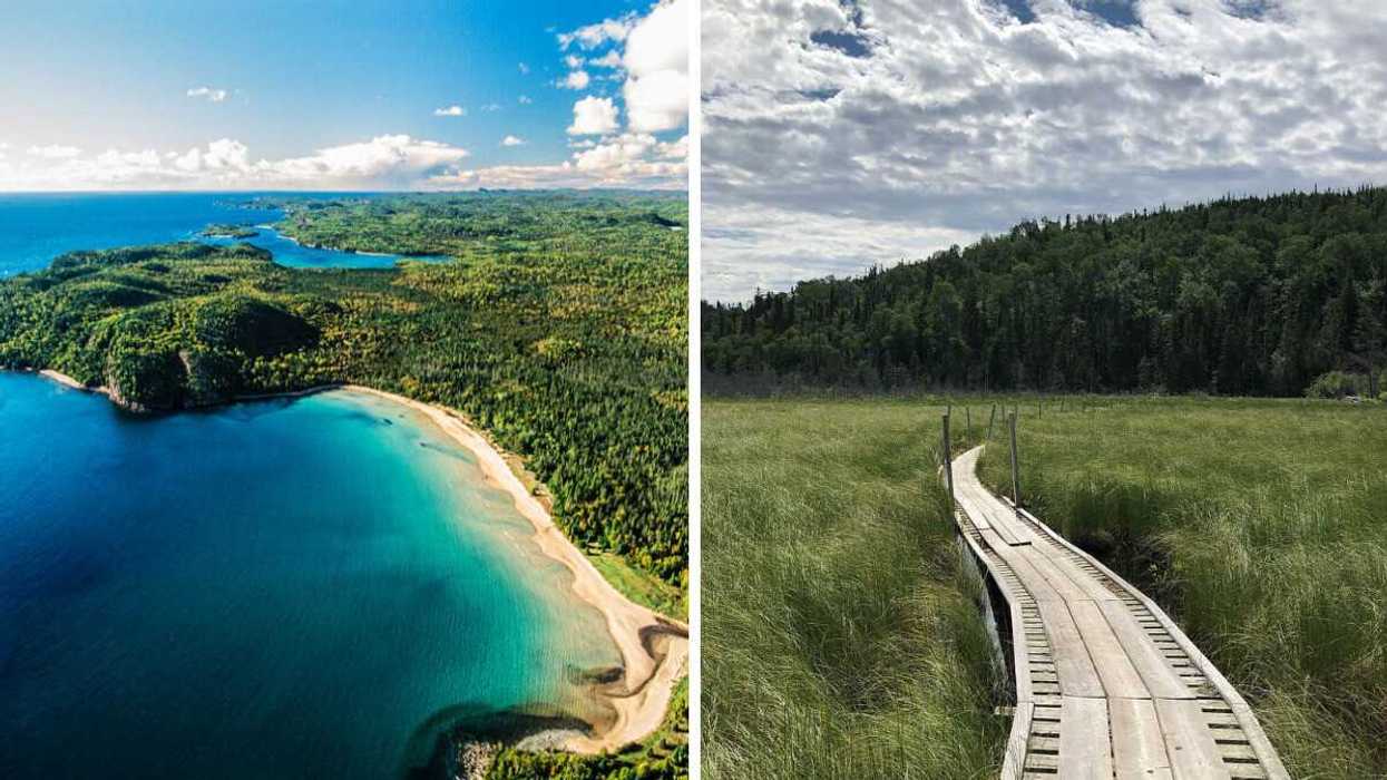 An aerial view of a sandy bay. Right: A winding boardwalk trail.
