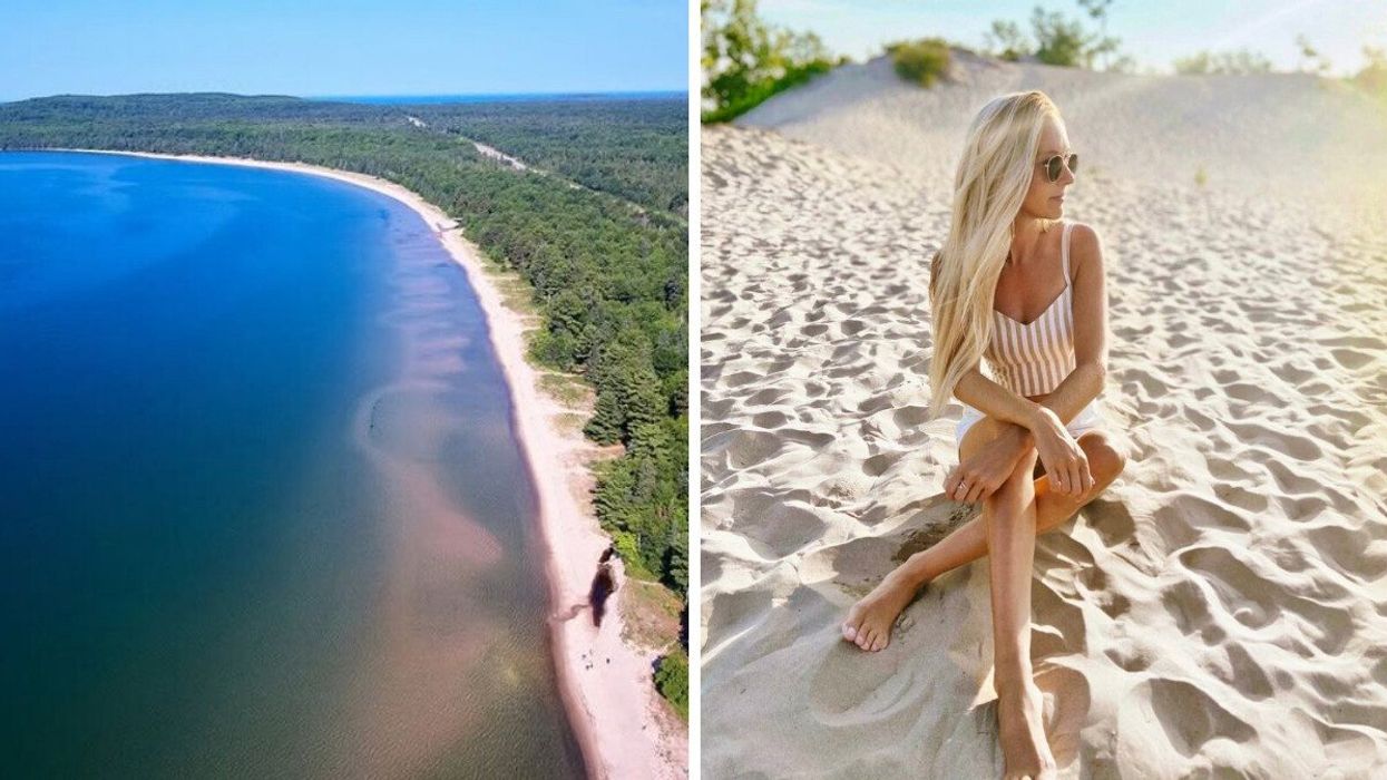 An aerial view of a sandy beach. Right: A person sitting in the sand.