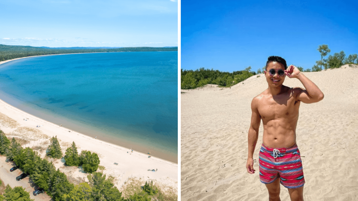 An aerial view of a sandy beach. Right: A person standing on a sandy beach.