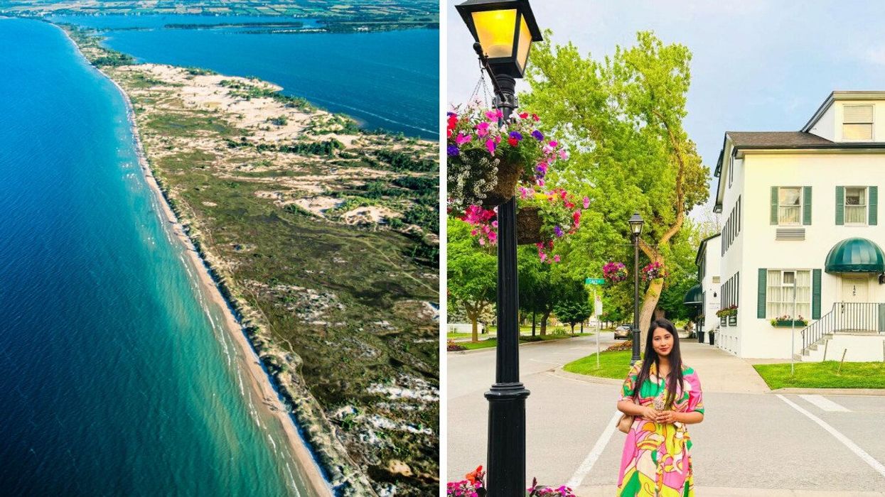 An aerial view of a sandy beach. Right: A person standing on a street.