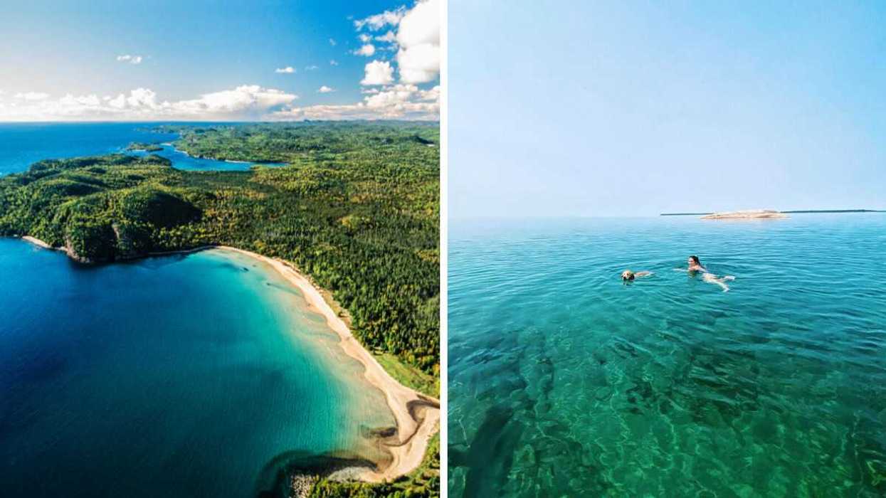 An aerial view of a sandy beach. Right: A person swimming in blue water.