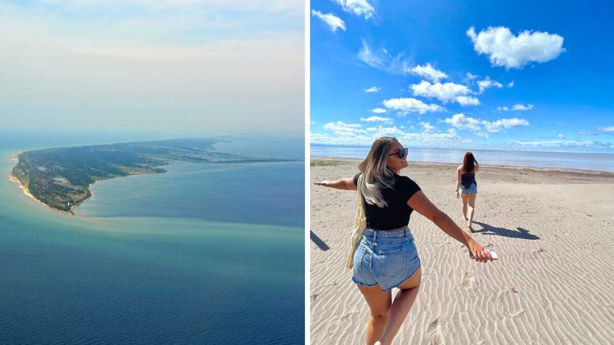 An aerial view of a sandy beach. Right: People walking on a beach.