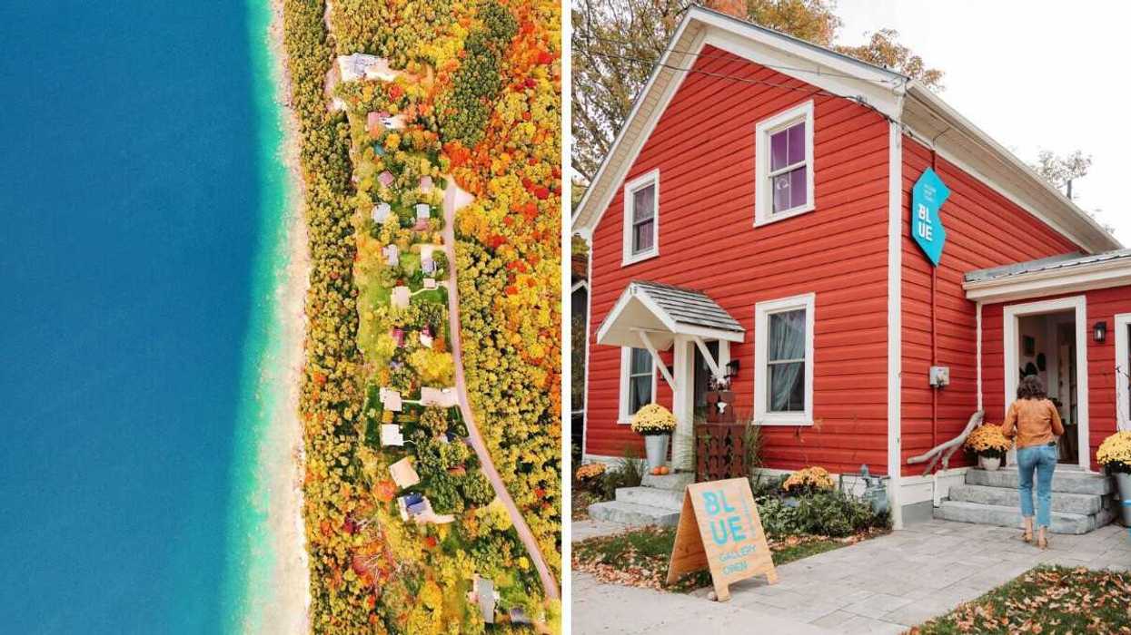 An aerial view of a shoreline during the fall. Right: A red building with a person standing outside it.