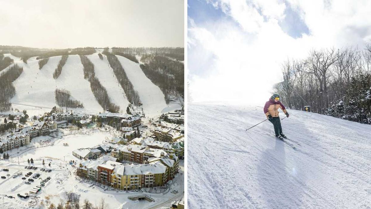 An aerial view of a ski resort. Right: A person skiing.