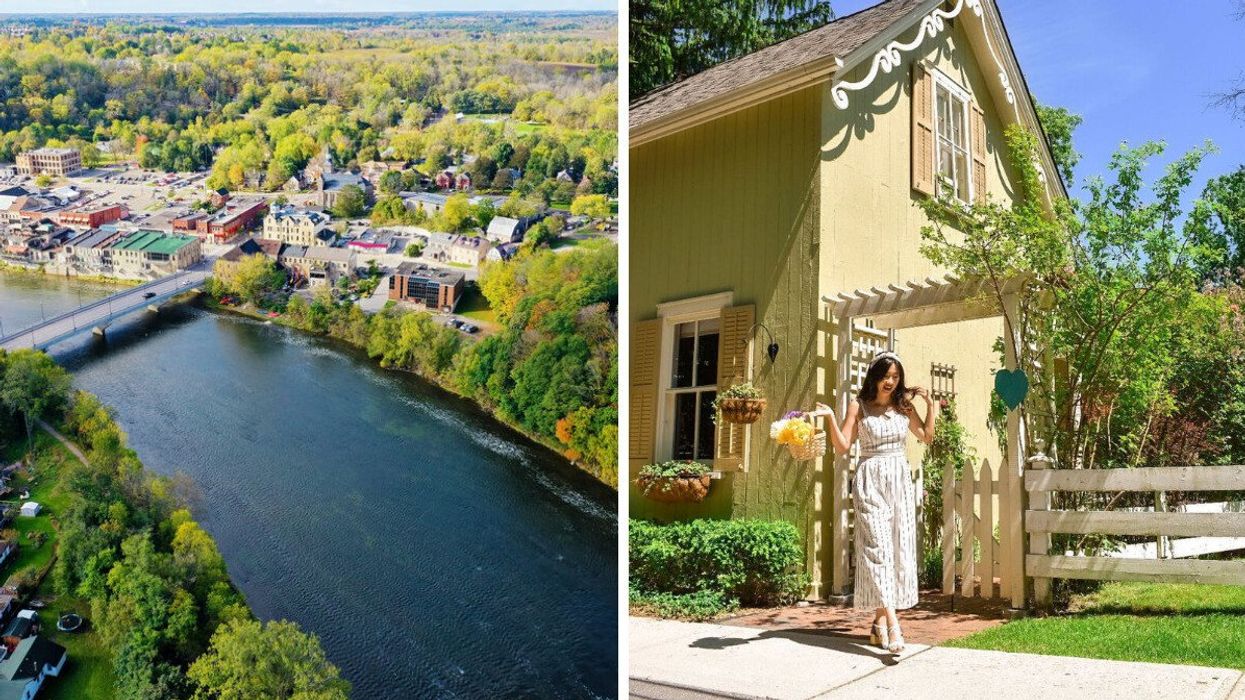An aerial view of a small town along a river. Right: A person standing in front of a yellow house.