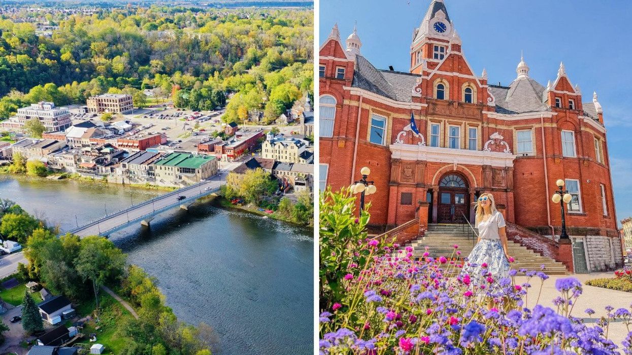 An aerial view of a small town. Right: A person standing by a historic building.