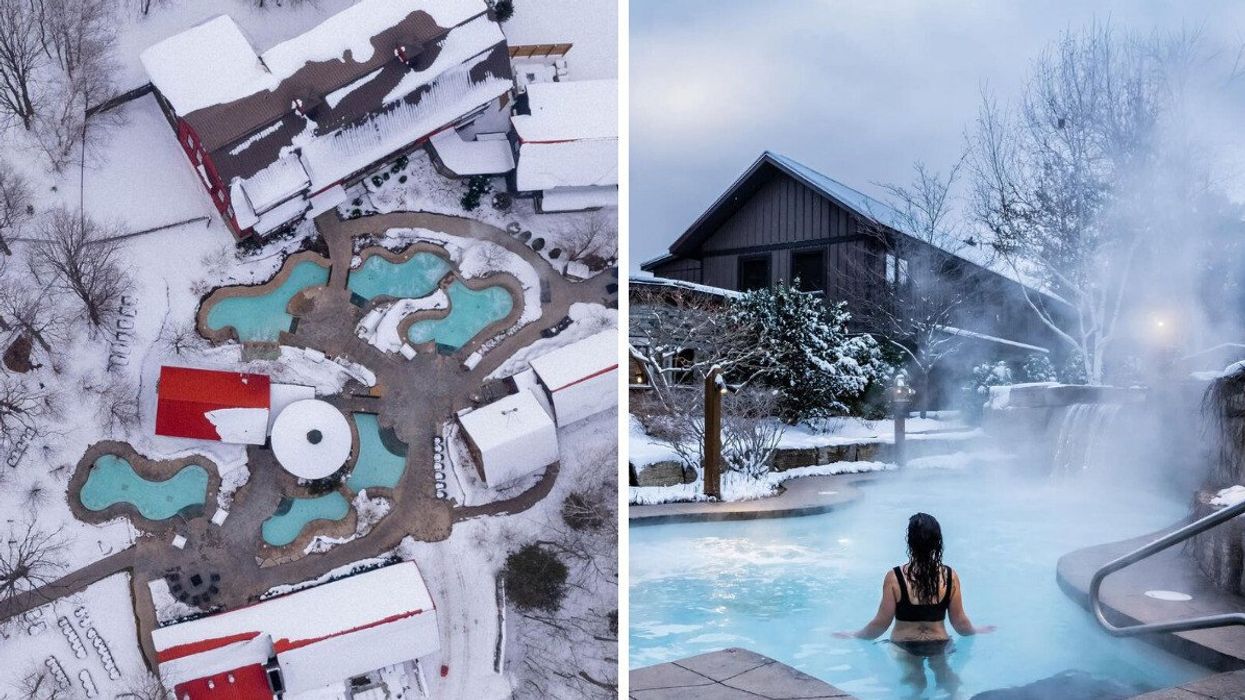 An aerial view of a spa during the winter. Right: A person at a spa.