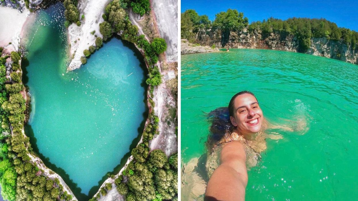 An aerial view of a swimming hole. Right: A person swimming in turquoise water.