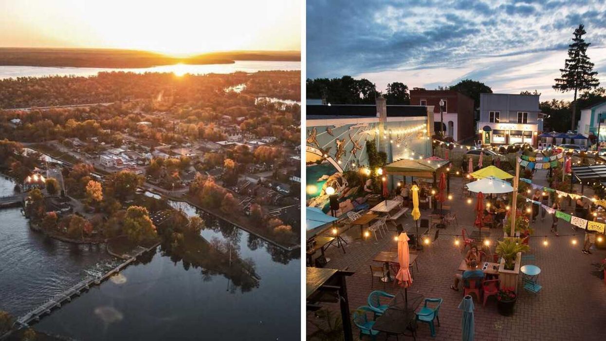 An aerial view of a town. Right: A patio with lights.