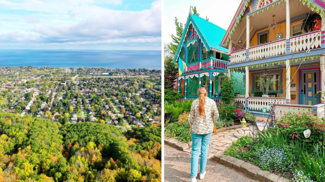 An aerial view of a town. Right: A person standing by colourful cottages.