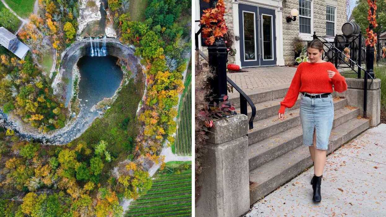 An aerial view of a waterfall. Right: A person standing on a street.