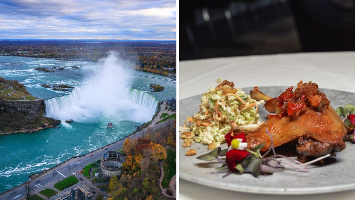 An aerial view of a waterfall. Right: A plate with chicken on it.