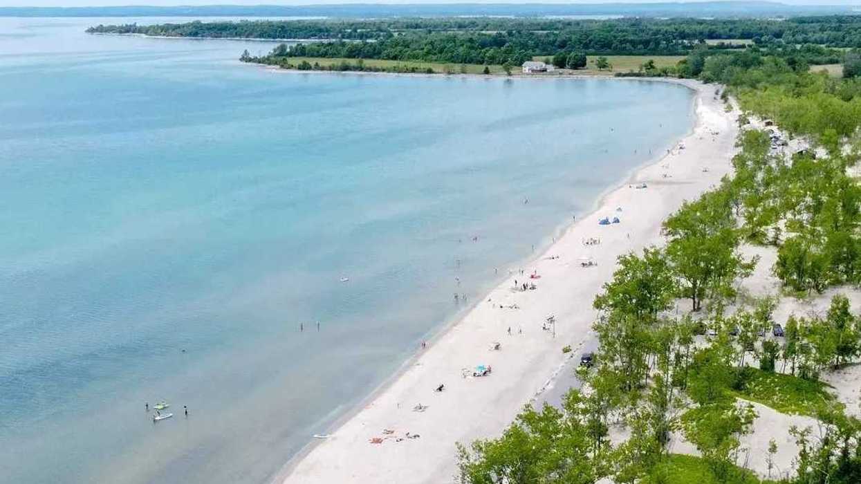 An aerial view of a white-sand beach in Ontario.