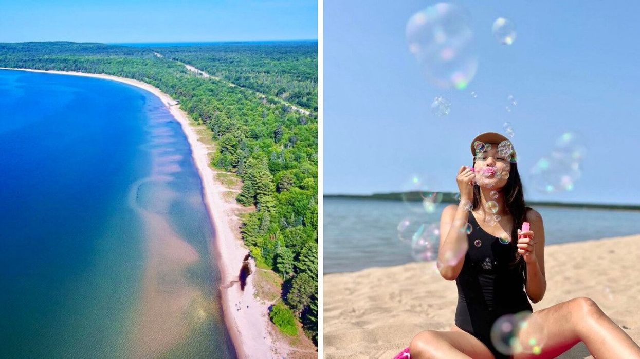An aerial view of a white sand beach. Right: A person blowing bubbles on a beach.