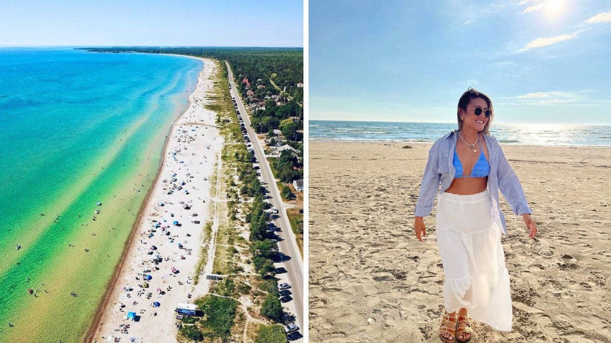 An aerial view of a white sand beach. Right: A person standing on a beach.