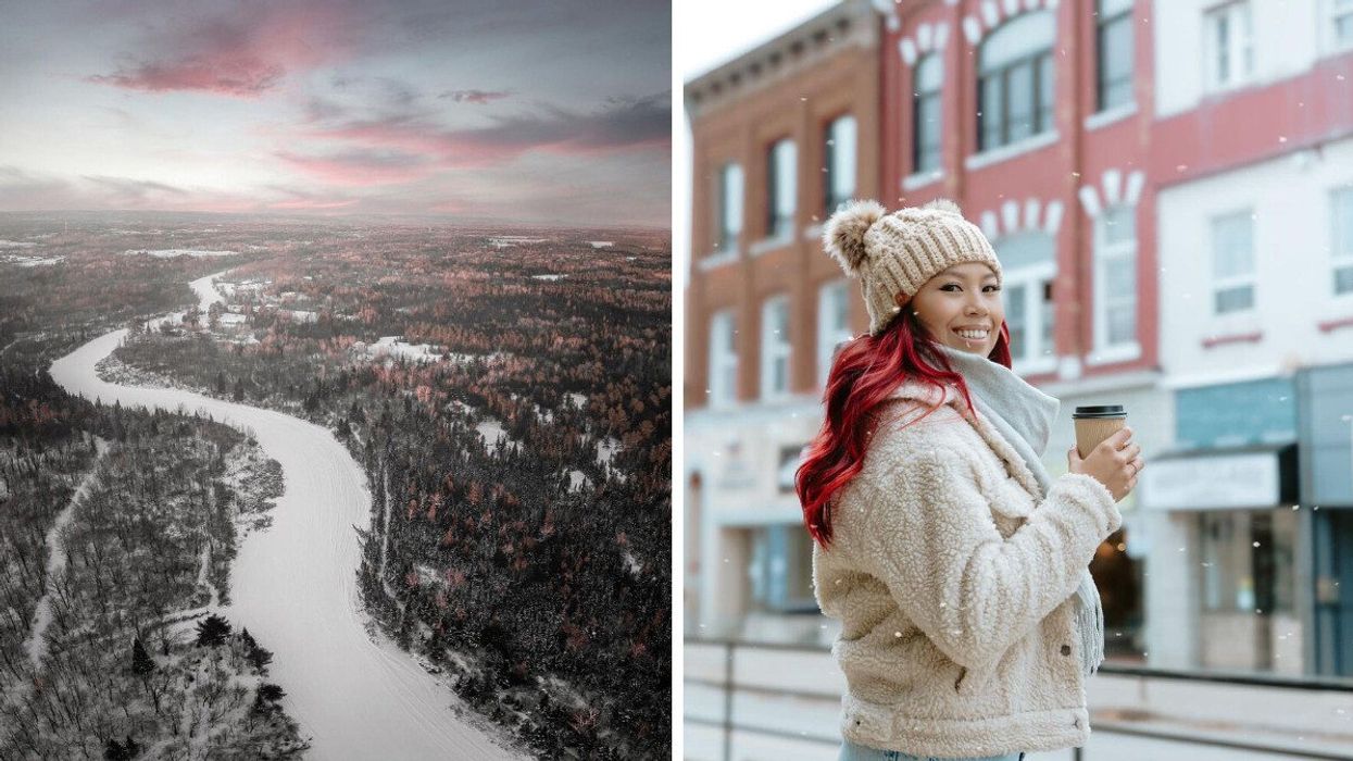 An aerial view of a winter landscape. Right: A person holding a coffee.