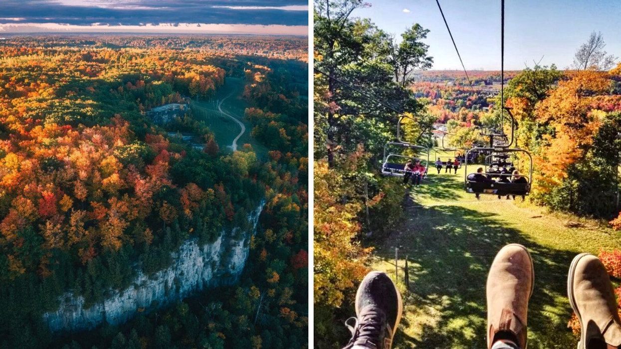An aerial view of an autumn escarpment. Right: A chairlift through fall colours.