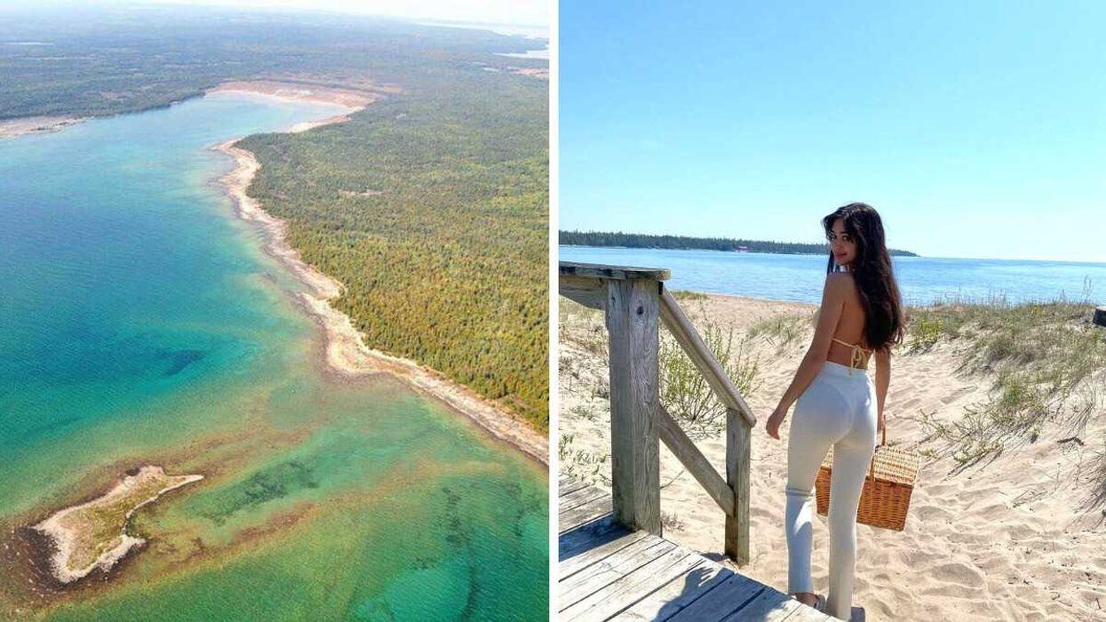 An aerial view of an island. Right: A person on a beach.