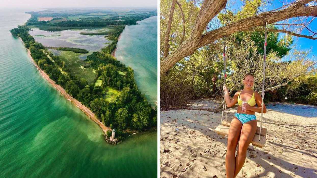 An aerial view of an island. Right: A person on a swing.