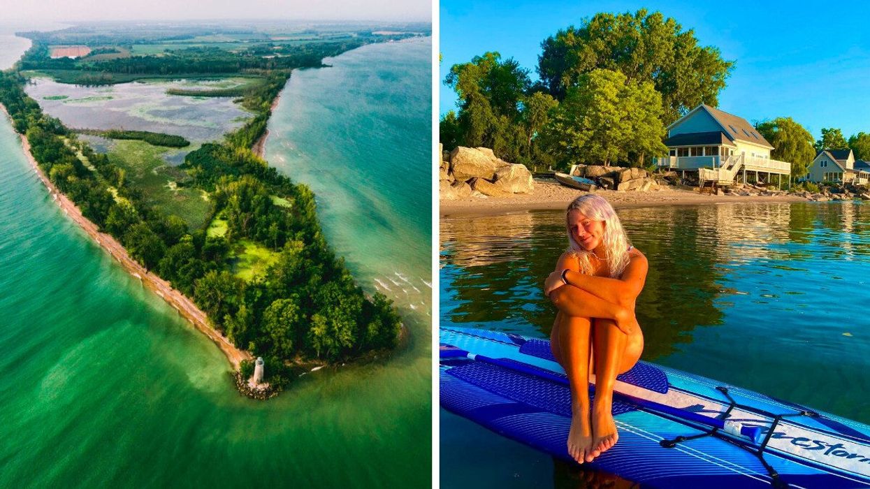 An aerial view of an island. Right: A person sitting on a surfboard.