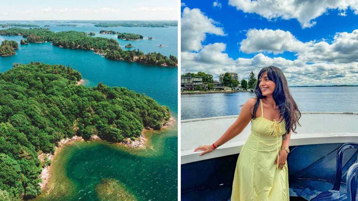 An aerial view of an island. Right: A person standing on a boat.