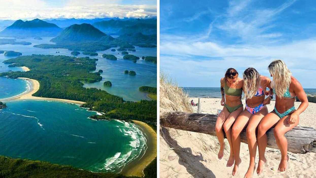 An aerial view of an island. Right: People sitting on the beach.