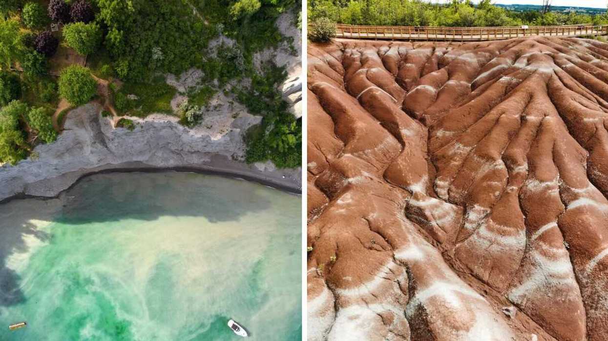 An aerial view of cliffs by turquoise water. Right: Rolling red hills.